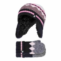 Girls Nordic Pattern Trapper Hat With Pom Pom And Mittens Set